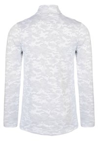 Chemise à manches longues à motif camouflage blanc et gris clair vue de dos avec un col montant.