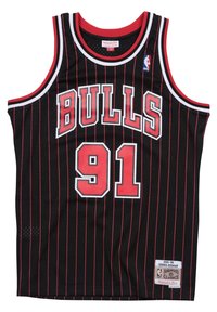 Maglia da basket nera con strisce rosse, testo "BULLS" e numero "91" sul davanti, logo NBA e un'etichetta che indica il suo design classico.