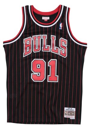 Maillot de basketball noir avec des rayures rouges, texte "BULLS" et numéro "91" à l'avant, logo NBA et une étiquette indiquant son design classique.
