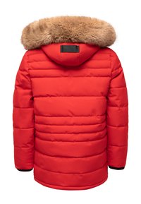 Red padded winter coat with a fur-lined hood, vertical quilting, and black ribbed cuffs. Features a loop for hanging at the neck.