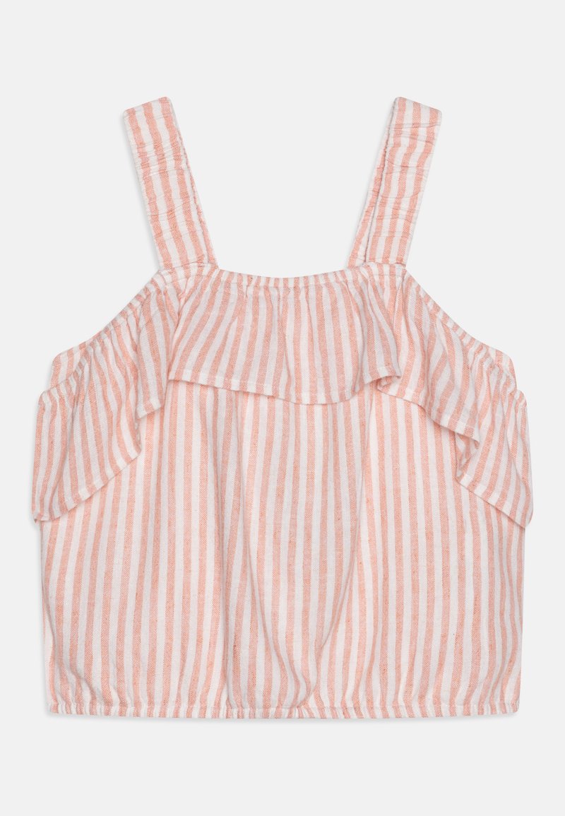 Ärmelloses Top mit pink-weißen Streifen und Rüschen am Ausschnitt; aus leichtem Stoff; verstellbare Träger; lockere Passform.