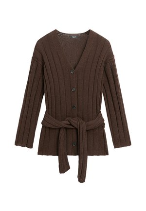 Dark brown ribbed knit cardigan with long sleeves, button front, deep V-neck, and matching belt tied at the waist.
