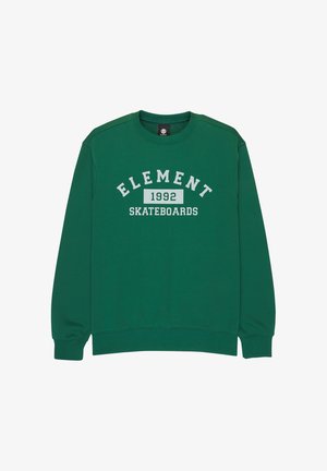 Sudadera verde de mezcla de algodón, con cuello redondo, puños acanalados y texto frontal: "ELEMENT 1992 SKATEBOARDS". Ajuste clásico.