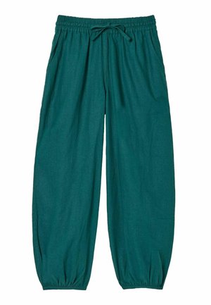 Loose teal pants with elastic waistband, adjustable drawstring, side pockets, and elastic cuffs at the ankles.