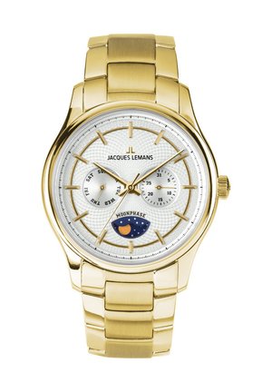 Goldene Jacques Lemans Armbanduhr mit weißem Zifferblatt, Tages- und Datumsanzeige sowie Mondphasenanzeige an Metallarmband.