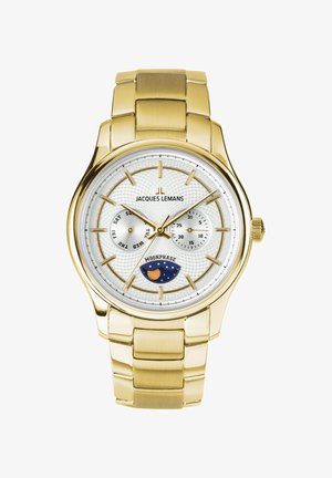 Goldene Jacques Lemans Armbanduhr mit weißem Zifferblatt, Tages- und Datumsanzeige sowie Mondphasenanzeige an Metallarmband.