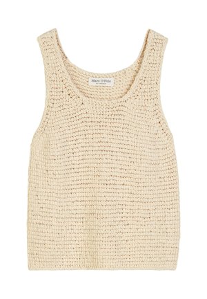 Beige, knitted tank top with a wide scoop neckline and sleeveless design. Textured fabric with open stitches and a loose fit. Brand label visible.