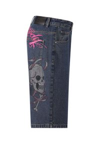 Denim shorts in dark blue with rhinestone skull design and pink accents. Features classic five-pocket styling and leather patch on waistband.