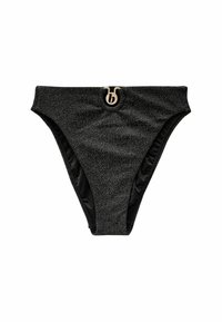 Čierne bikiny so štruktúrovaným povrchom, s lesklým zlatým kruhovým logom na prednej strane. Jednoduchý, vysoko pásový dizajn.