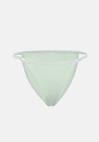 Ανοιχτό πράσινο διάφανο εσώρουχο σε στυλ μπικίνι με λεπτές πλαϊνές τιράντες και μικρά λευκά φιόγκους σε κάθε πλευρά, πάνω σε απλό φόντο.