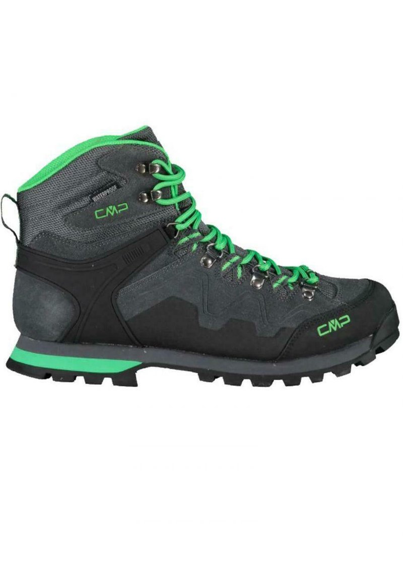 Buty trekkingowe w średniej wysokości, charakteryzujące się szarym wodoodpornym tekstylnym cholewką z czarnymi akcentami, zielonymi sznurówkami oraz solidną czarną podeszwą z bieżnikiem zapewniającym przyczepność.