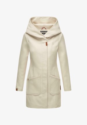 Cappotto color crema con un ampio cappuccio, realizzato in tessuto morbido. Presenta due tasche frontali e un particolare in pelle vicino alla chiusura.