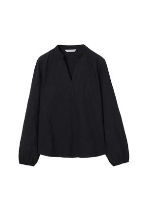 Blusa a maniche lunghe blu navy con scollo a pattina, motivo a foglie in rilievo e polsini arricciati. Realizzata in tessuto leggero.