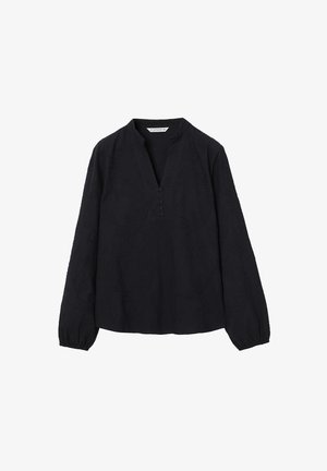 Blusa a maniche lunghe blu navy con scollo a pattina, motivo a foglie in rilievo e polsini arricciati. Realizzata in tessuto leggero.