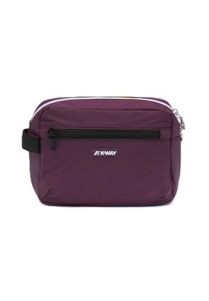 Bustina rettangolare viola con zip, tasca frontale nera con zip e cinturino laterale nero, con patch logo K-Way bianco e viola.