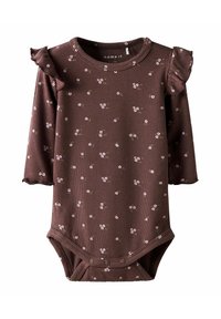 Bodysuit marron à manches longues côtelé avec épaules volantées, présentant un motif floral en rose et vert. Fermeture à boutons-pression en bas.