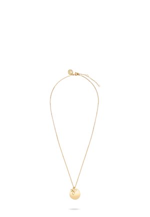 Collier en ton or avec une chaîne fine, comportant un pendentif rond orné d'un motif floral et un petit détail de fermoir circulaire.