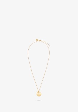 Collier en ton or avec une chaîne fine, comportant un pendentif rond orné d'un motif floral et un petit détail de fermoir circulaire.