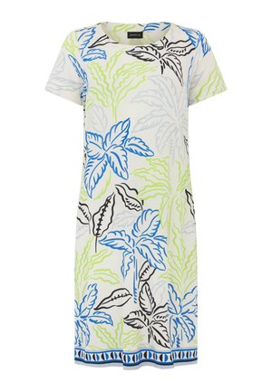 Vestito bianco a maniche corte con grandi motivi di foglie blu, verdi e nere e un bordo decorativo blu e nero lungo l'orlo.