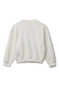 Sudadera blanca de cuello redondo vista desde atrás, con mangas largas y puños y cinturilla acanalados sobre un fondo blanco.