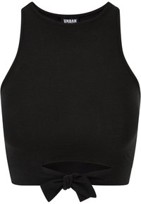 Schwarzes, kurzes Tanktop aus dehnbarem Material. Verfügt über einen runden Halsausschnitt und ein geknotetes Schleifendetail am Saum. Glatte Textur.