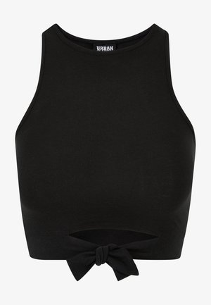 Fekete, crop fazonú tanktop rugalmas anyagból. Kerek nyakkivágással és csomós masni részlettel rendelkezik az alján. Sima tapintású.