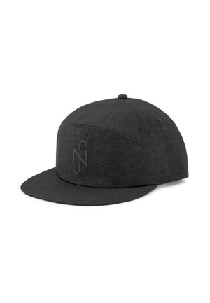 Black cap made of textured fabric, featuring a flat brim and a front logo. The design has a structured shape with a seamless crown.