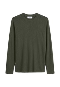 Langärmliges dunkelgrünes T-Shirt, Baumwollmischung, runder Ausschnitt, lässige Passform, glatte Textur, keine sichtbaren Muster oder Akzente.