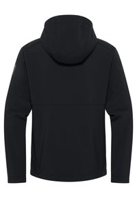Veste à capuche noire avec une texture lisse, dotée de manches longues et d'un design minimaliste. Comprend un petit logo réfléchissant sur l'épaule.