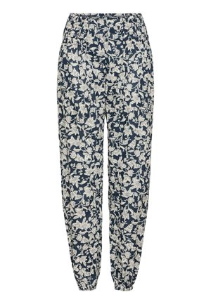 Pantalons à motifs floraux avec un fond bleu foncé et des fleurs crème-blanches. Taille élastique et poignets froncés aux chevilles. Tissu léger.