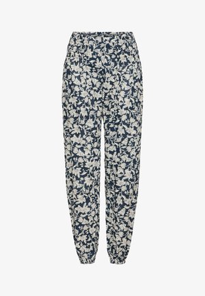 Floral-patterned pants with a dark blue background and cream-white flowers. Elastic waistband and gathered cuffs at ankles. Lightweight fabric.