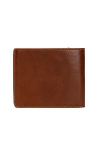 Portafoglio in pelle marrone con texture liscia, forma rettangolare, bordi cuciti e senza hardware o motivi visibili.