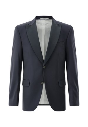 Single-breasted black tuxedo jacket with satin peak lapels, two buttons, flap pockets, and white inner lining visible.