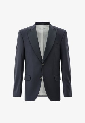 Einreihige schwarze Smokingjacke mit Satin-Spitzenrevers, zwei Knöpfen, Pattentaschen und sichtbarem weißen Innenfutter.