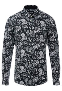 Camicia con motivo paisley in bianco e nero, in cotone, maniche lunghe, colletto con bottoni, caratterizzata da un design dettagliato a spirale.
