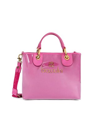 Borsa a tracolla in pelle sintetica rosa lucida con finiture dorate, manici doppi e tracolla removibile. Presenta il logo sul davanti e una superficie liscia.