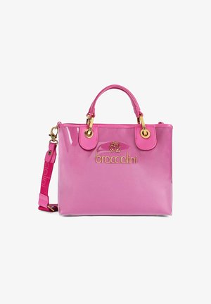 Pink patent leather handbag with gold hardware, dual handles, and a detachable shoulder strap. Features logo at the front and smooth texture.