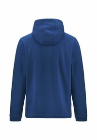 Felpa blu realizzata in tessuto con una texture liscia, dotata di cappuccio con coulisse, maniche lunghe e dettagli sul bordo laterale.