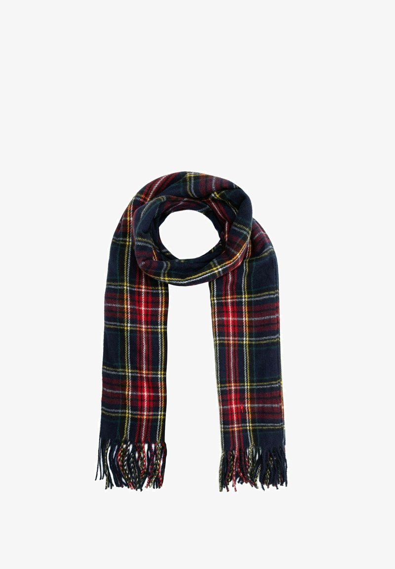 Szalik w kratkę z ciemnoniebieskimi, czerwonymi i żółtymi wzorami. Miękka tekstura z frędzlami, średnia długość i lekki materiał.