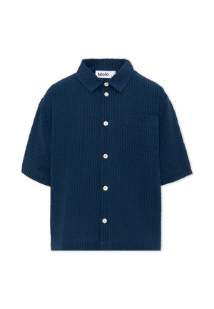 Granatowa, krótkorękawowa, teksturowana koszula zapinana na guziki z kołnierzykiem i kieszenią na piersi, z białymi guzikami i metką marki "Molo".