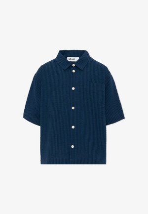 Camicia blu navy a maniche corte con trama, bottoni, colletto e taschino sul petto, con bottoni bianchi e etichetta del marchio "Molo".