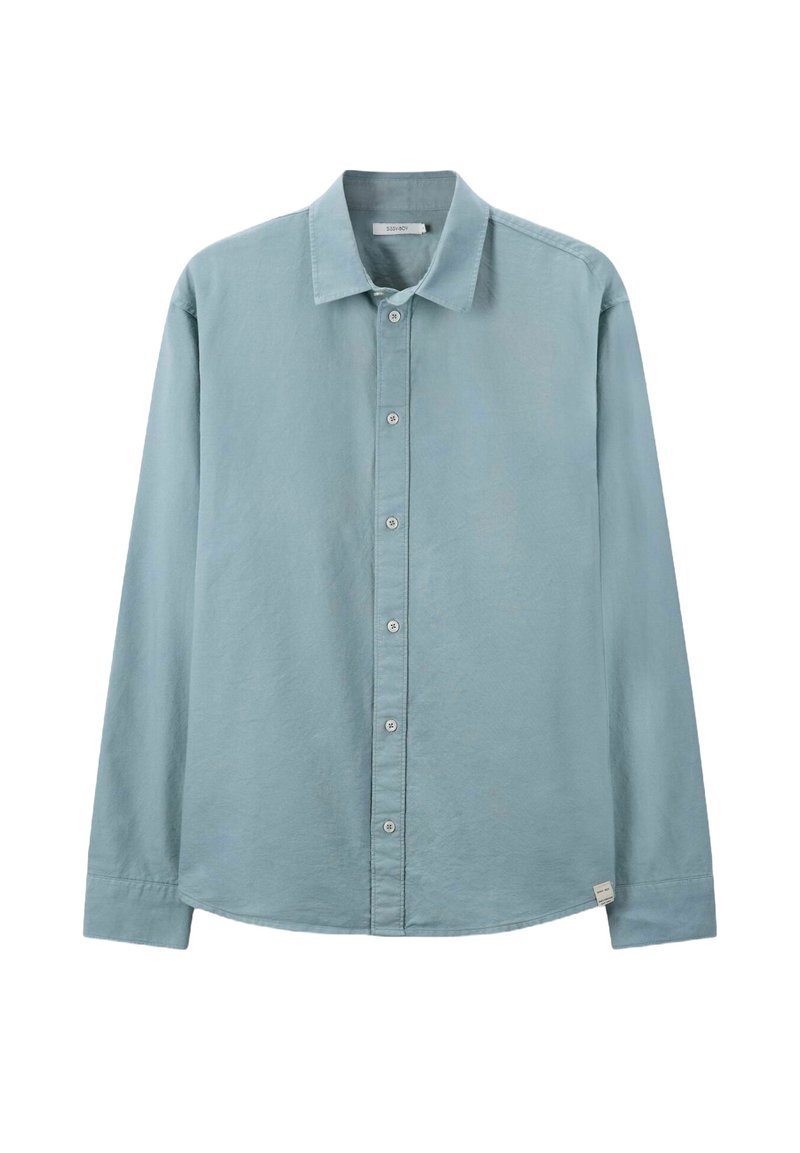 Lichtblauw, lange mouwen, knoop-hemd gemaakt van een zachte, gestructureerde stof; beschikt over een klassieke kraag en een afgeronde onderkant met subtiele stikaccenten.