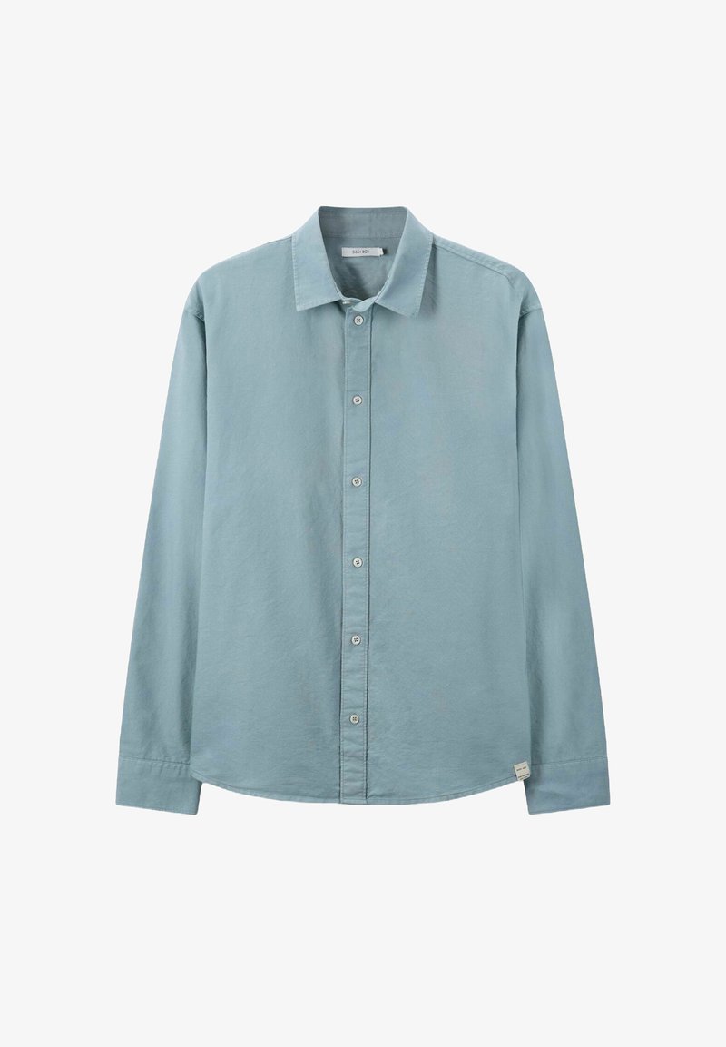 Lichtblauw, lange mouwen, knoop-hemd gemaakt van een zachte, gestructureerde stof; beschikt over een klassieke kraag en een afgeronde onderkant met subtiele stikaccenten.