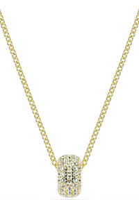 Złoty naszyjnik z łańcuszka z cylindrycznym wisiorkiem ozdobionym przezroczystymi, okrągłymi kryształami, prezentującym błyszczącą i teksturowaną powierzchnię.