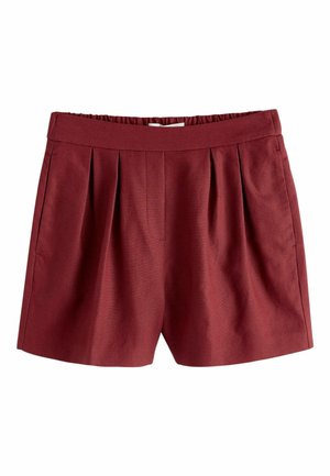 Mørkerøde shorts med høj talje, forstykker med folder og sidelommer, lavet af et glat stof, med en tætsiddende talje med elastik bagpå.