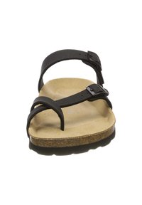 Černé sandály s dvěma nastavitelnými popruhy, texturovaným svrškem a polstrovanou hnědou stélkou. Mají silnou podrážku s mírným zakřivením.