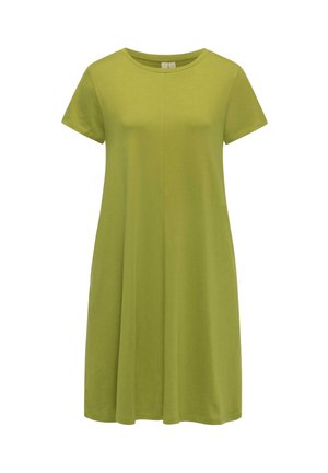 Kurzärmeliges, knielanges, limettengrünes Freizeitkleid mit rundem Ausschnitt und lockerer Passform, abgebildet vor weißem Hintergrund.