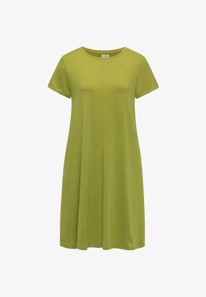 Kurzärmeliges, knielanges, limettengrünes Freizeitkleid mit rundem Ausschnitt und lockerer Passform, abgebildet vor weißem Hintergrund.