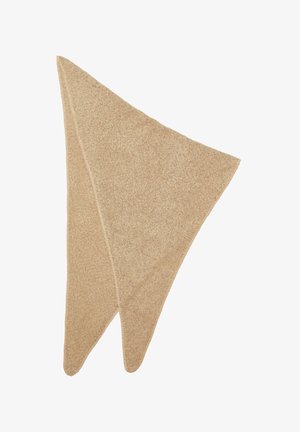Beige driehoekige sjaal gemaakt van zachte, gestructureerde stof met spitse uiteinden en een subtiel gemêleerd patroon op het oppervlak.