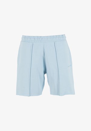 Hellblaue Baumwollshorts mit elastischem Bund, zwei vorne gelegten Falten und schlichten Design. Keine weiteren Muster oder Verzierungen.